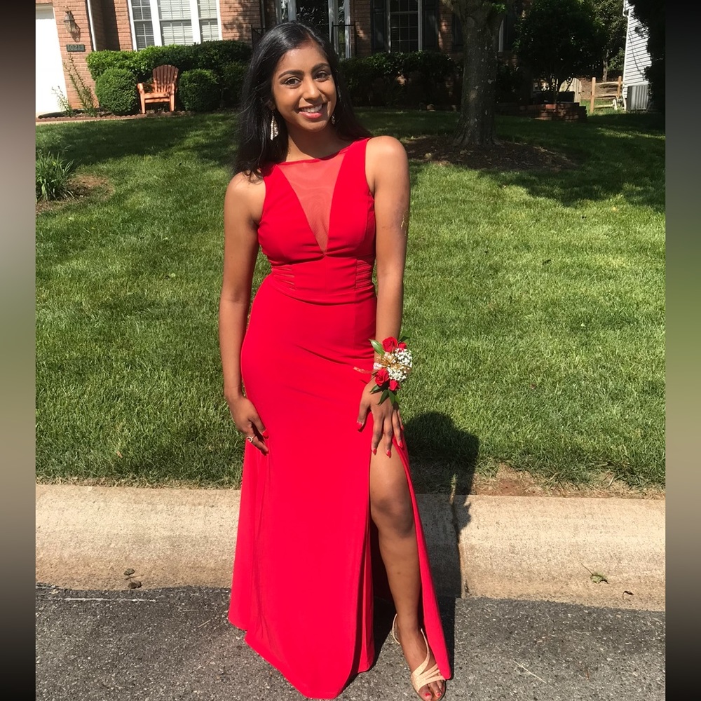 Red Gown with Mesh Inserts at Chest